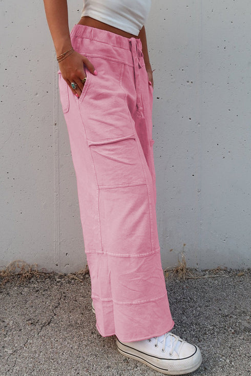 High Waist Mineral Wash Exposed Seam Drawstring Wide Leg Pants